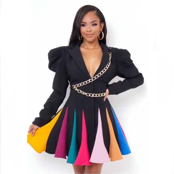 L'ATISTE Dresses & Skirts - L'ATISTE by Amy Black Coat Dress Rainbow Pleated Skirt Gold Chains Size S